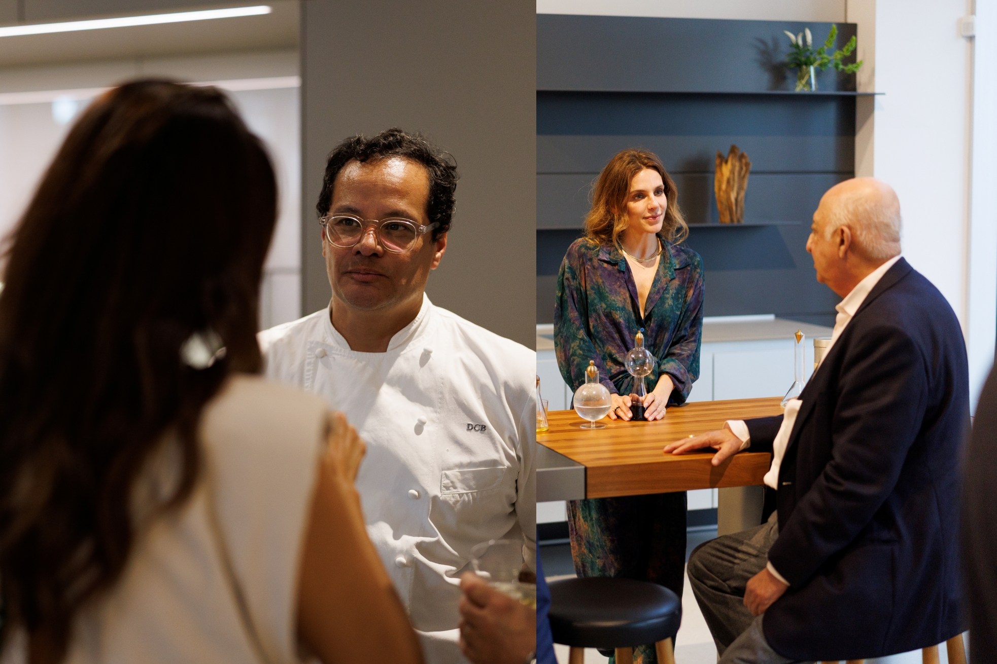 bulthaup Miami showroom, bulthaup b3 kitchens and bulthaup b2 workbench with event guests enjoying conversation.